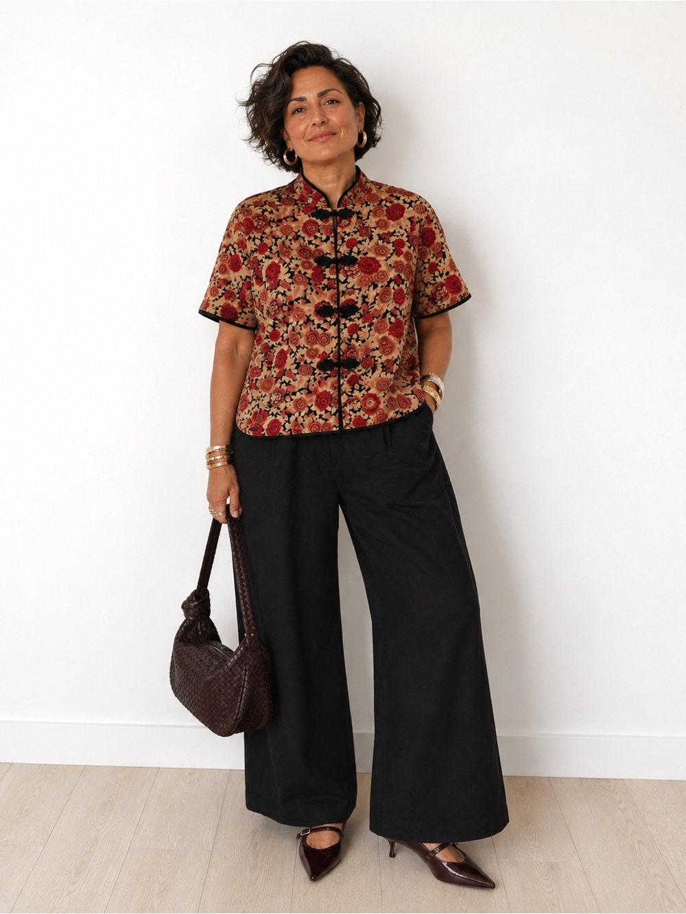 ☮️ 2/$30 Vintage Floral Mandarin Collar Short-Sleeve Blouse - Red & Brown